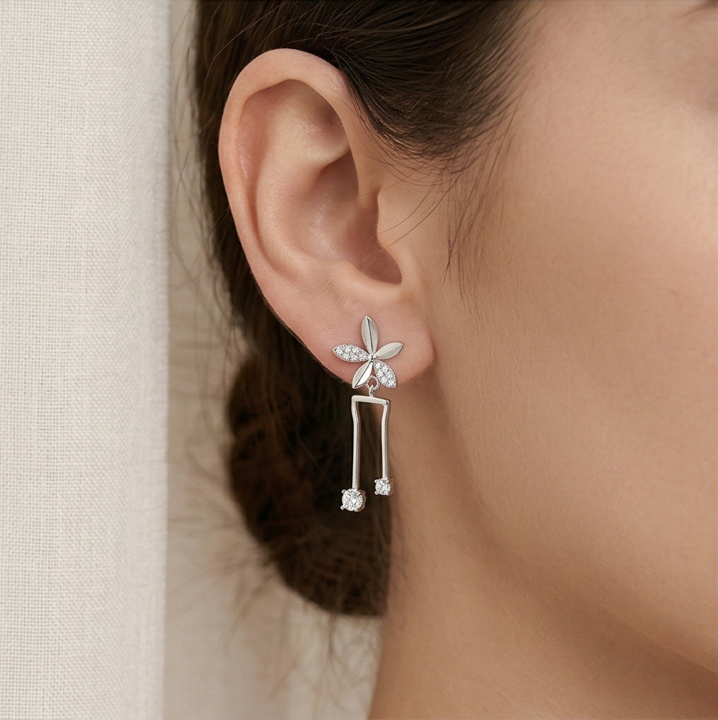 Luxe Collection - Floral Geometric Dangle Earrings High Polish Rhodium Finish Jewellery For Women : AGER0203195