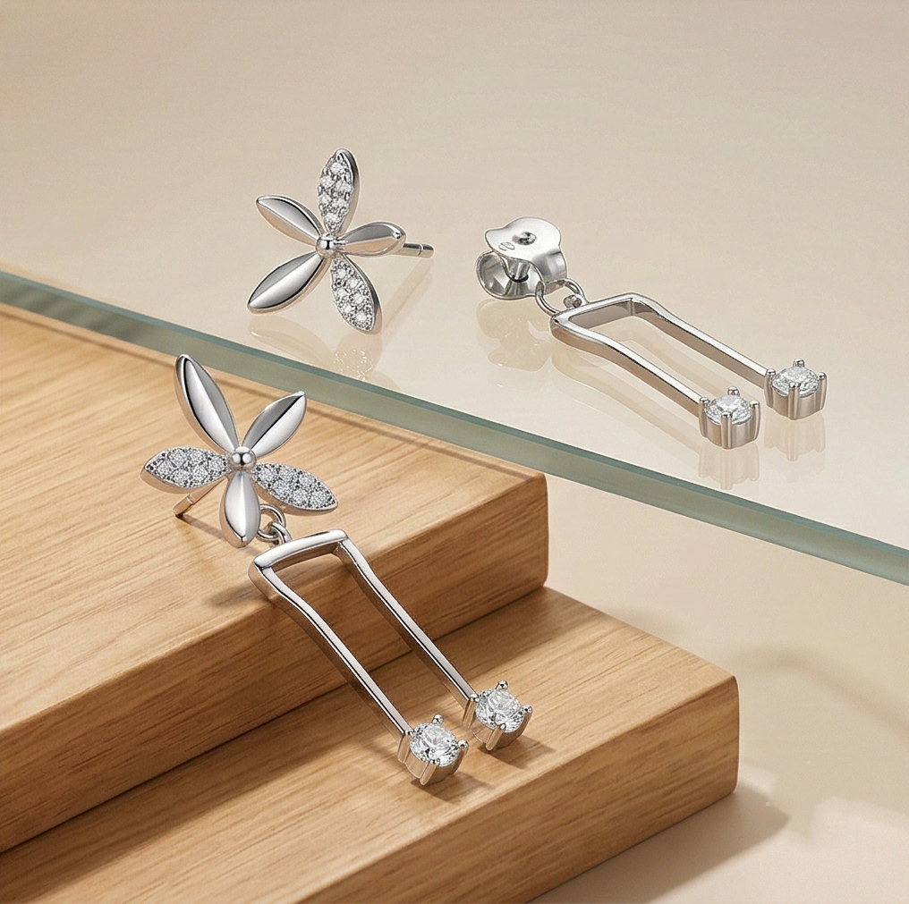 Luxe Collection - Floral Geometric Dangle Earrings High Polish Rhodium Finish Jewellery For Women : AGER0203195