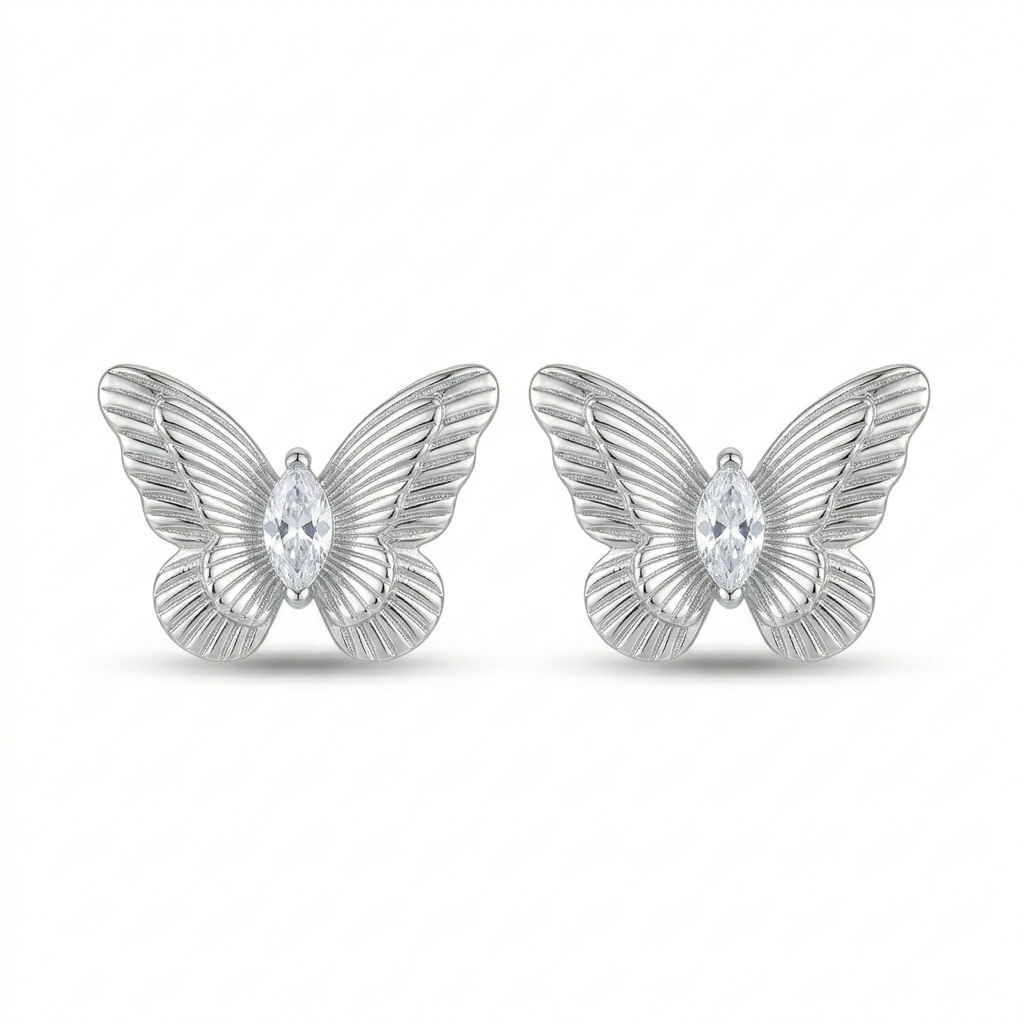 Luxe Collection - Textured Butterfly Stud Earrings High Polish Rhodium Finish Jewellery For Women : AGER0203196