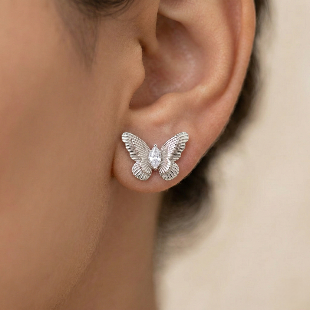 Luxe Collection - Textured Butterfly Stud Earrings High Polish Rhodium Finish Jewellery For Women : AGER0203196
