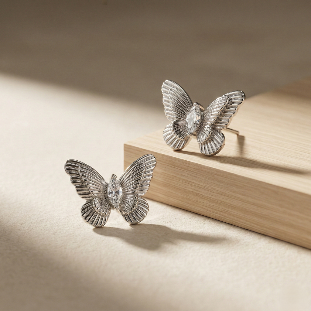Luxe Collection - Textured Butterfly Stud Earrings High Polish Rhodium Finish Jewellery For Women : AGER0203196