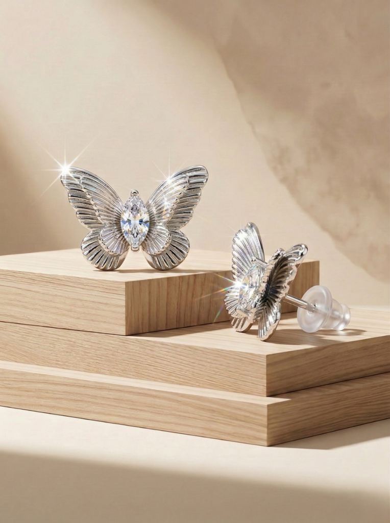 Luxe Collection - Textured Butterfly Stud Earrings High Polish Rhodium Finish Jewellery For Women : AGER0203196