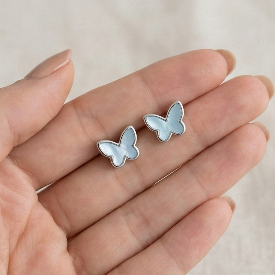 Luxe Collection - Blue Butterfly Stud Earrings High Polish Rhodium Finish Jewellery For Women : AGER0203212