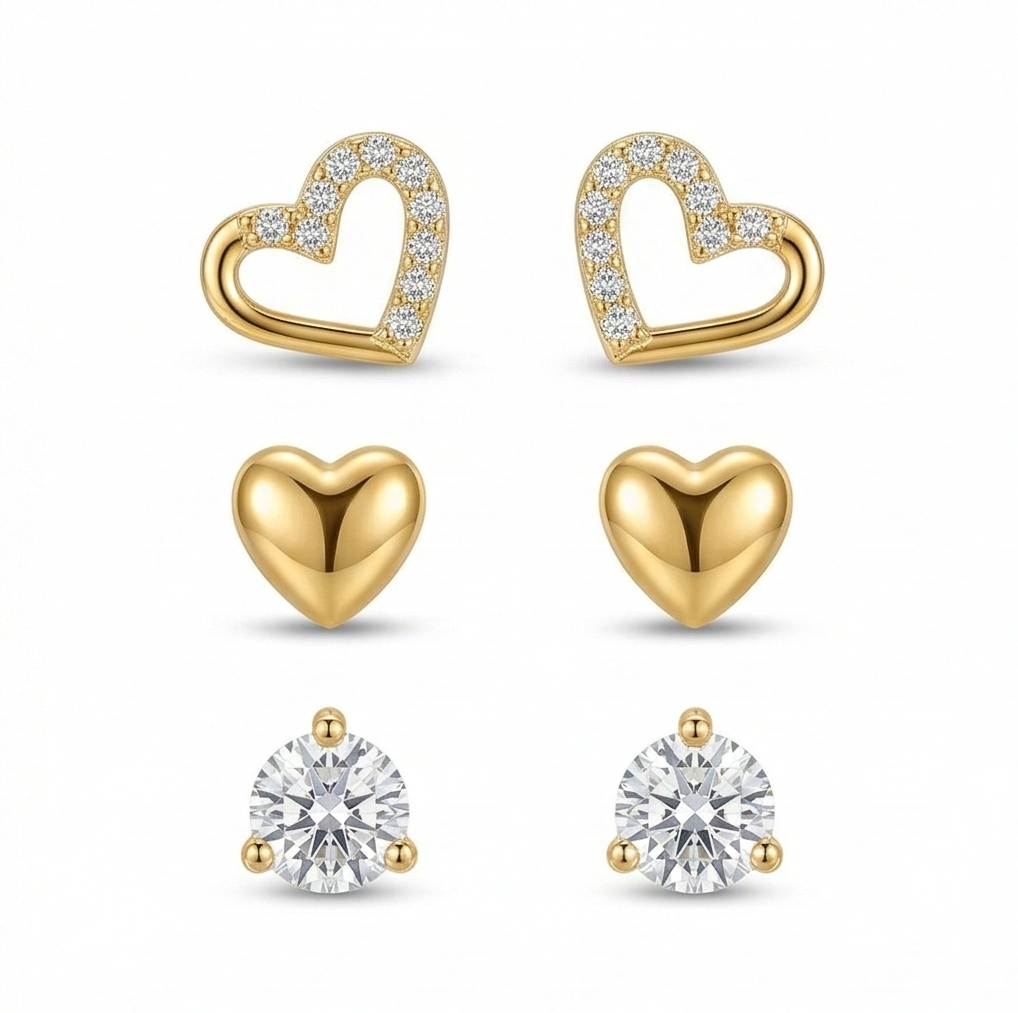 Luxe Collection - Multi-Pack Heart And Solitaire Stud Earrings High Polish Gold Finish Jewellery For Women : AGER0203213