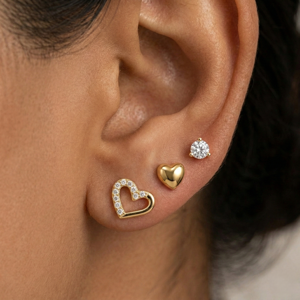 Luxe Collection - Multi-Pack Heart And Solitaire Stud Earrings High Polish Gold Finish Jewellery For Women : AGER0203213
