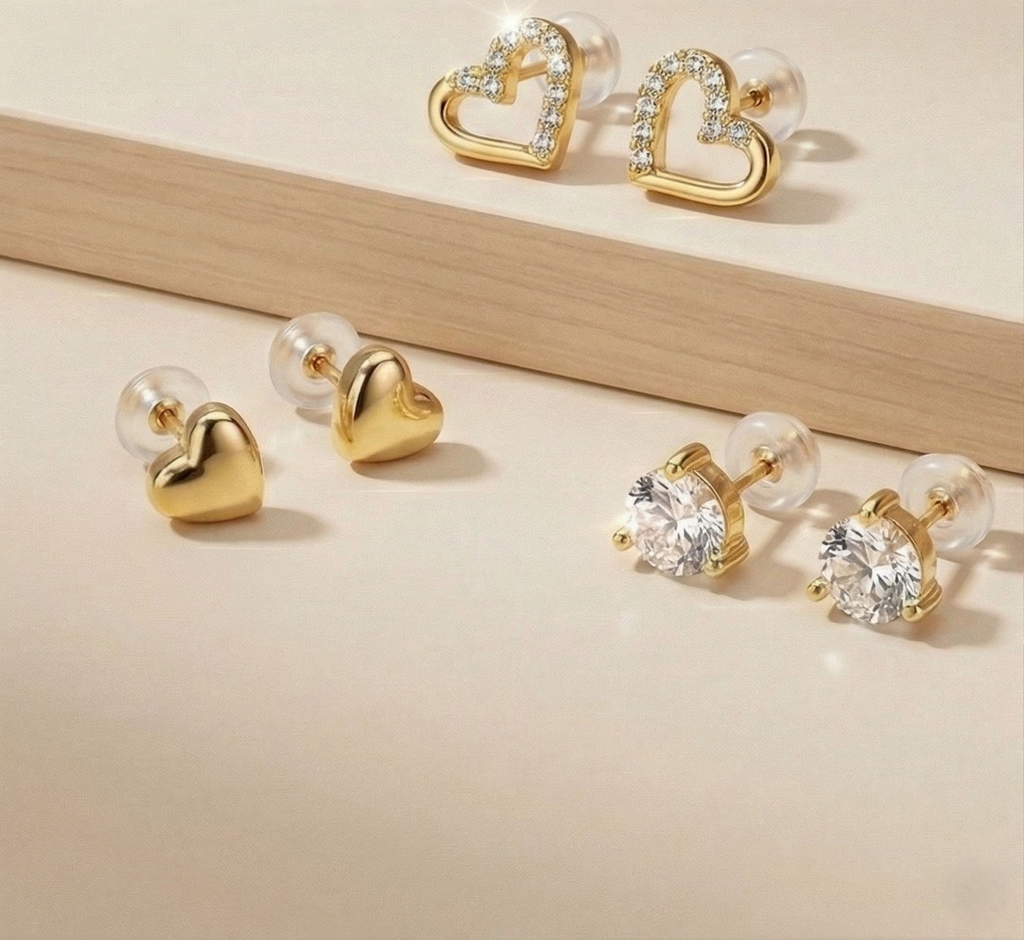 Luxe Collection - Multi-Pack Heart And Solitaire Stud Earrings High Polish Gold Finish Jewellery For Women : AGER0203213