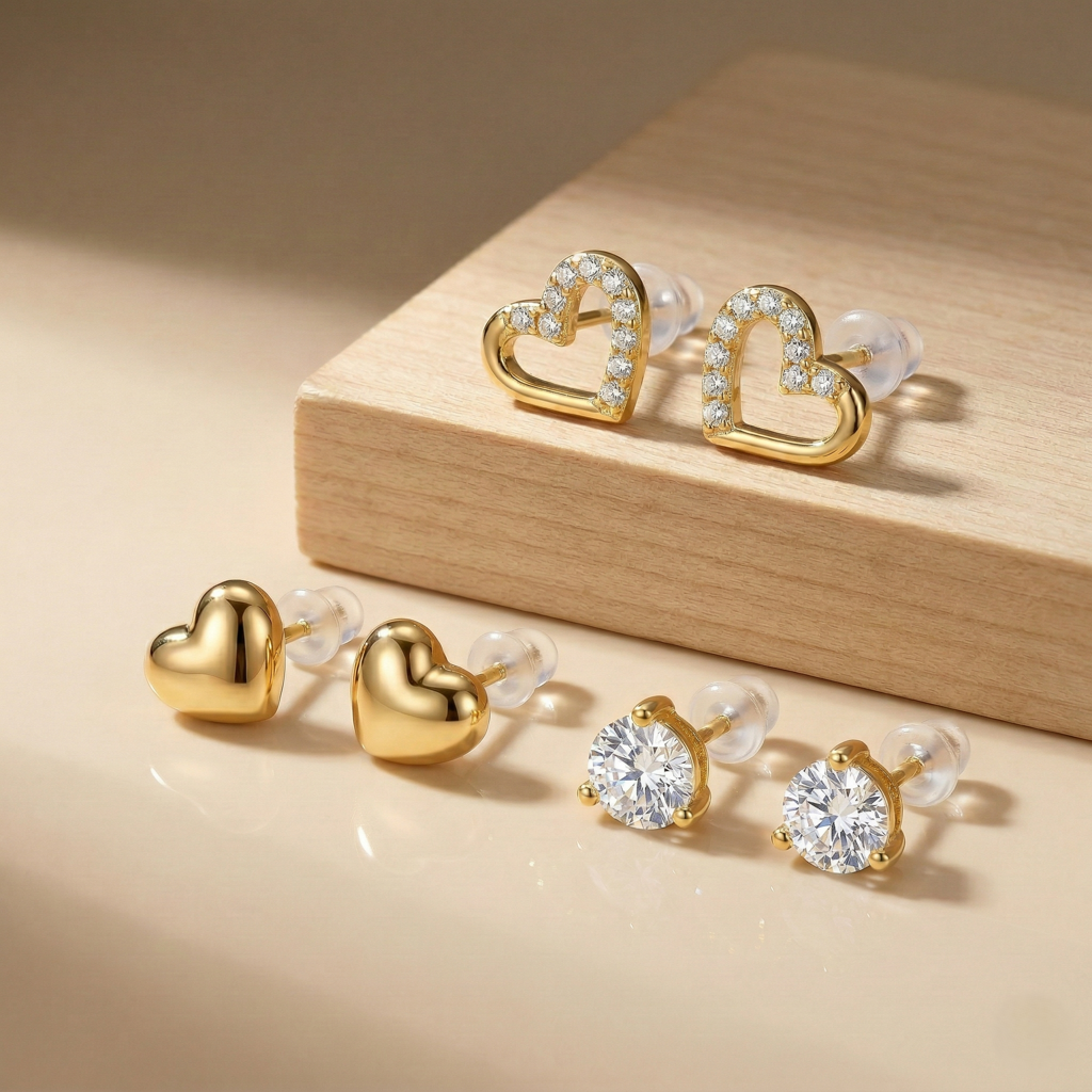 Luxe Collection - Multi-Pack Heart And Solitaire Stud Earrings High Polish Gold Finish Jewellery For Women : AGER0203213