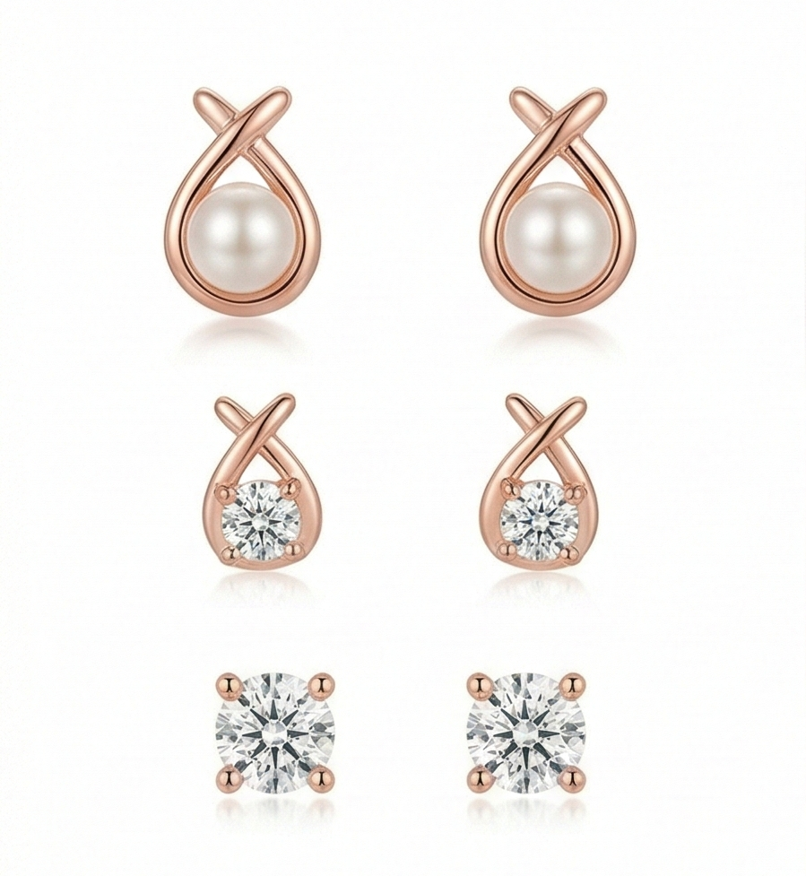 Luxe Collection - Rose Gold Plated Assorted Stud Earrings Set Of 3 - Premium 925 Silver Fine Jewellery For Women : AGER0203215