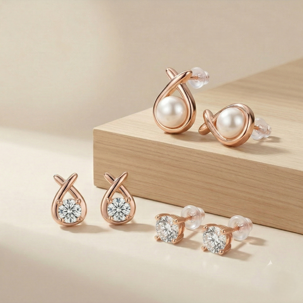 Luxe Collection - Rose Gold Plated Assorted Stud Earrings Set Of 3 - Premium 925 Silver Fine Jewellery For Women : AGER0203215