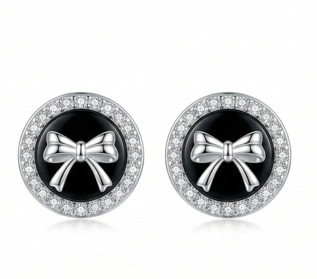 Luxe Collection - Black Enamel Bow Halo Stud Earrings High Polish Rhodium Finish - Premium 925 Silver Fine Jewel : AGER0203216