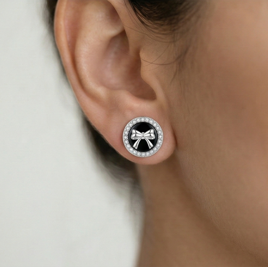 Luxe Collection - Black Enamel Bow Halo Stud Earrings High Polish Rhodium Finish - Premium 925 Silver Fine Jewel : AGER0203216
