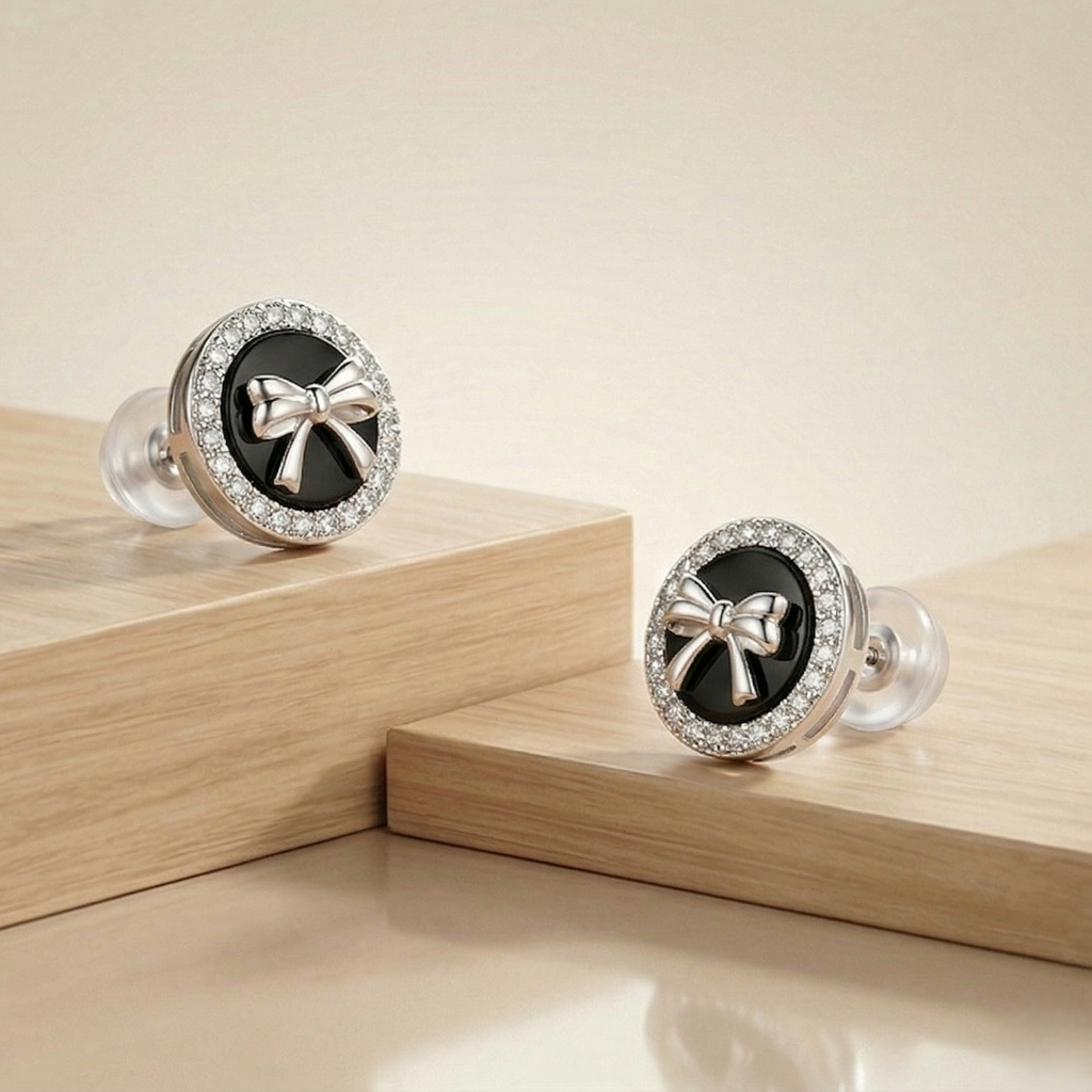 Luxe Collection - Black Enamel Bow Halo Stud Earrings High Polish Rhodium Finish - Premium 925 Silver Fine Jewel : AGER0203216