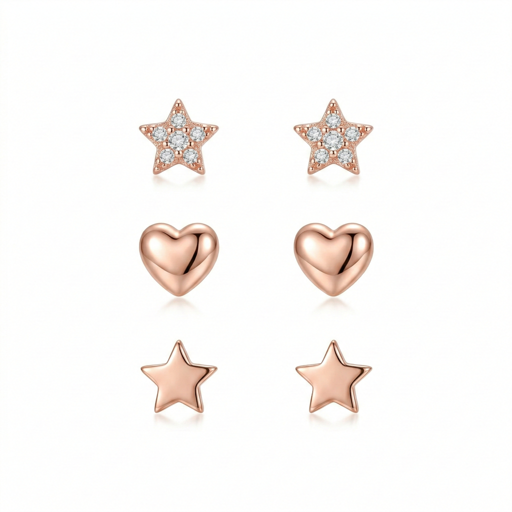 Luxe Collection - Rose Gold Plated Heart And Star Stud Earrings Set Of 3 - Premium 925 Silver Fine Jewellery For : AGER0203218