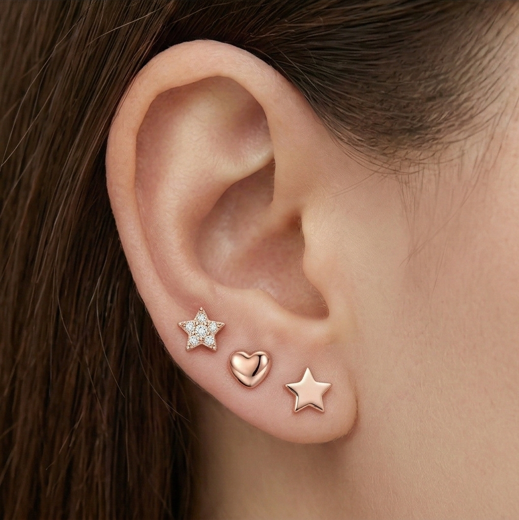 Luxe Collection - Rose Gold Plated Heart And Star Stud Earrings Set Of 3 - Premium 925 Silver Fine Jewellery For : AGER0203218