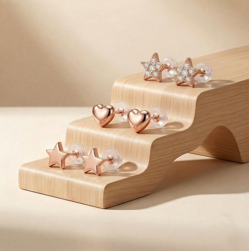 Luxe Collection - Rose Gold Plated Heart And Star Stud Earrings Set Of 3 - Premium 925 Silver Fine Jewellery For : AGER0203218