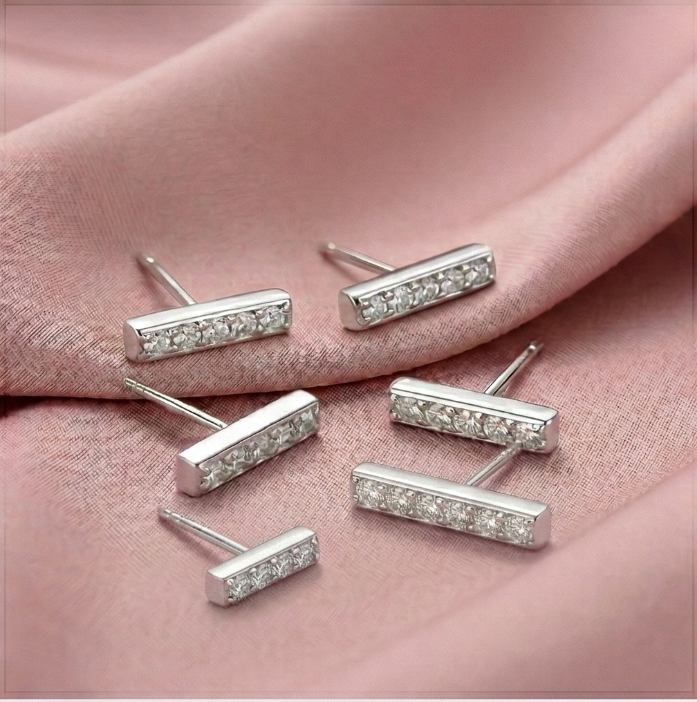 Luxe Collection - Minimalist Bar Stud Earrings Set Of 3 High Polish Rhodium Finish - Premium 925 Silver Fine Jew : AGER0203219