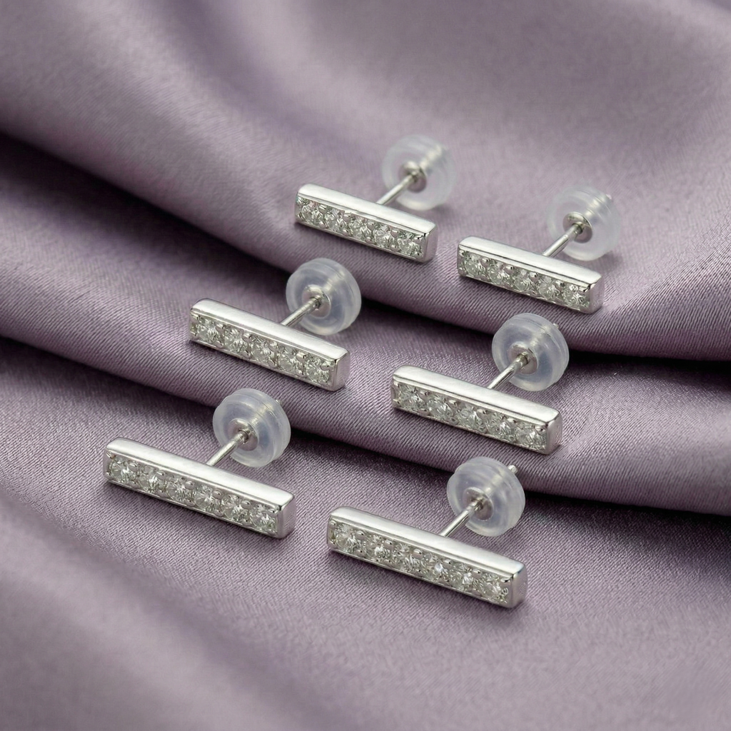 Luxe Collection - Minimalist Bar Stud Earrings Set Of 3 High Polish Rhodium Finish - Premium 925 Silver Fine Jew : AGER0203219