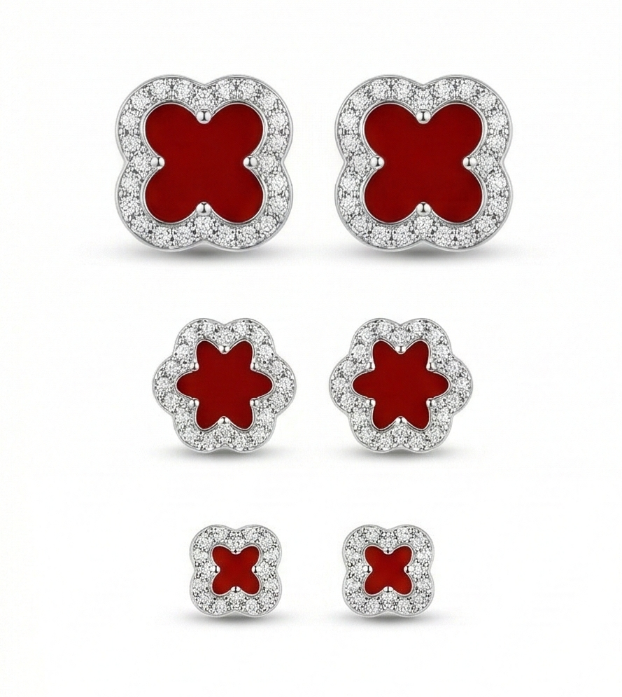 Luxe Collection - Red Enamel Clover Set Of 3 Stud Earrings High Polish Rhodium Finish - Premium 925 Silver Fine  : AGER0203227