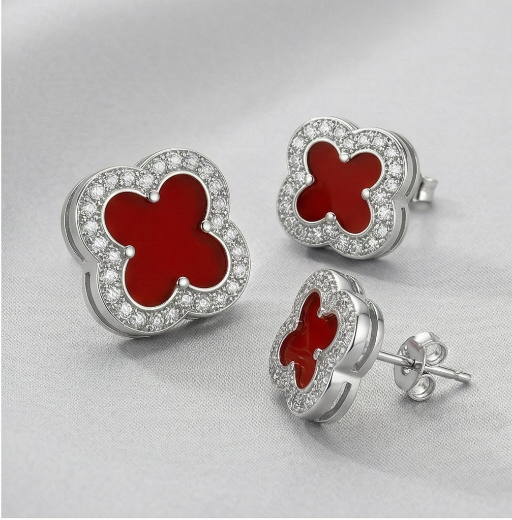 Luxe Collection - Red Enamel Clover Set Of 3 Stud Earrings High Polish Rhodium Finish - Premium 925 Silver Fine  : AGER0203227