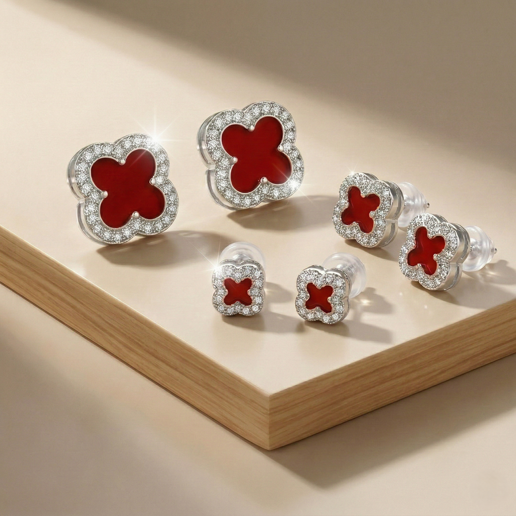 Luxe Collection - Red Enamel Clover Set Of 3 Stud Earrings High Polish Rhodium Finish - Premium 925 Silver Fine  : AGER0203227