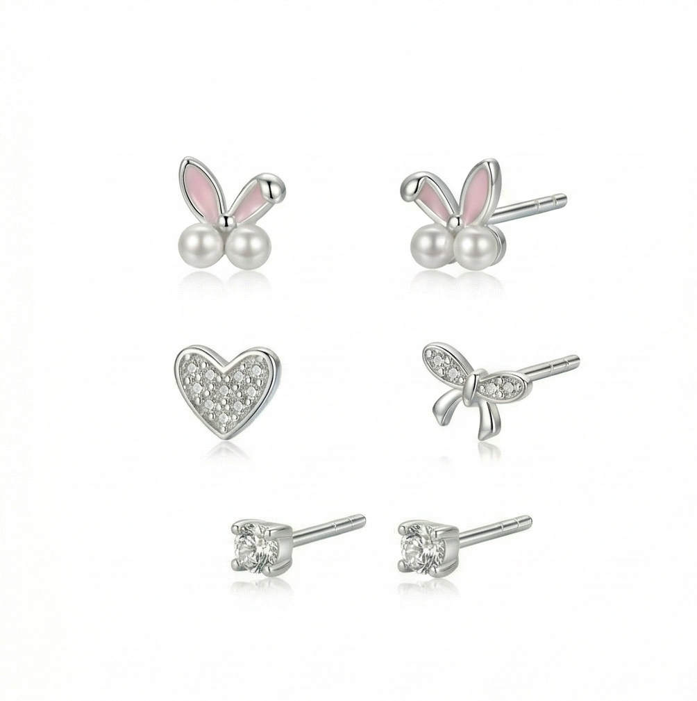Luxe Collection - Whimsical Motif Stud Earrings Set Of 3 High Polish Rhodium Finish - Premium 925 Silver Fine Je : AGER0203228