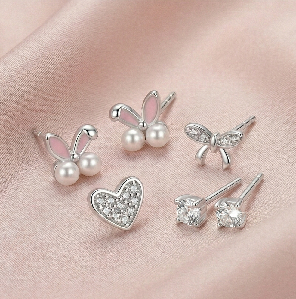 Luxe Collection - Whimsical Motif Stud Earrings Set Of 3 High Polish Rhodium Finish - Premium 925 Silver Fine Je : AGER0203228