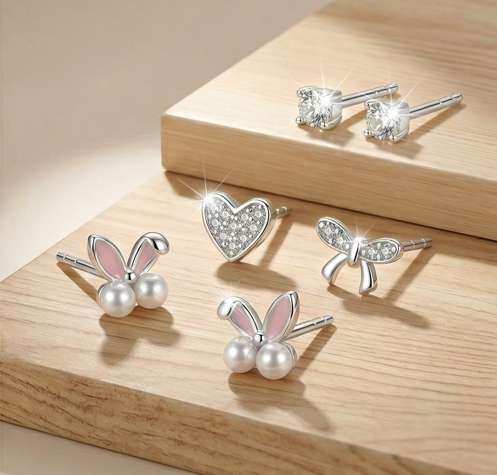Luxe Collection - Whimsical Motif Stud Earrings Set Of 3 High Polish Rhodium Finish - Premium 925 Silver Fine Je : AGER0203228