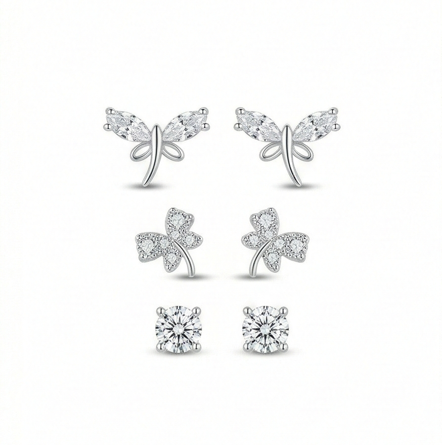 Luxe Collection - Nature Inspired Multi Piercing Set Of 3 Stud Earrings High Polish Rhodium Finish - Premium 925 : AGER0203229