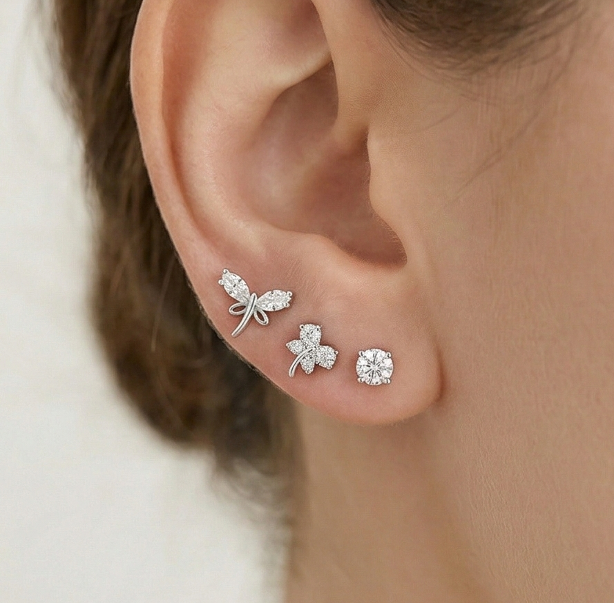 Luxe Collection - Nature Inspired Multi Piercing Set Of 3 Stud Earrings High Polish Rhodium Finish - Premium 925 : AGER0203229