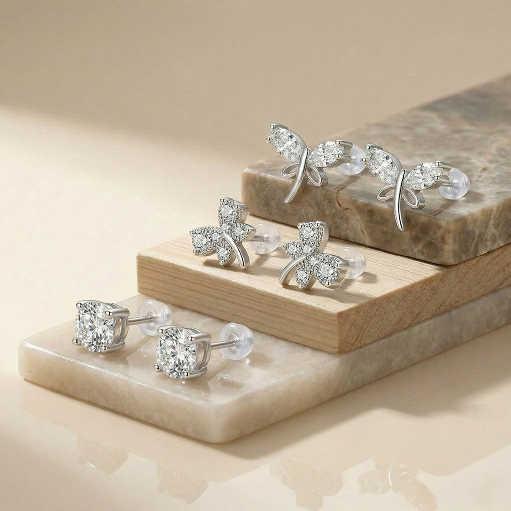 Luxe Collection - Nature Inspired Multi Piercing Set Of 3 Stud Earrings High Polish Rhodium Finish - Premium 925 : AGER0203229