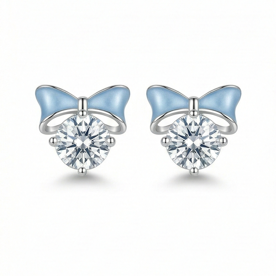 Luxe Collection - Blue Enamel Bow Solitaire Stud Earrings High Polish Rhodium Finish - Premium 925 Silver Fine J : AGER0203230