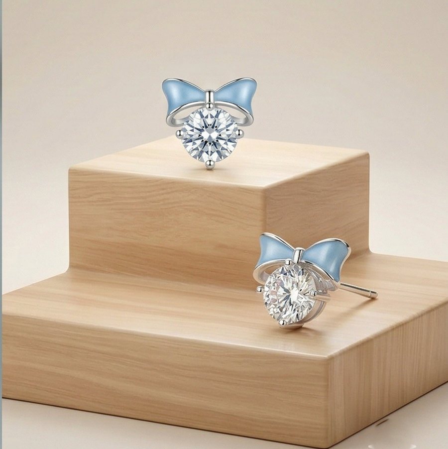 Luxe Collection - Blue Enamel Bow Solitaire Stud Earrings High Polish Rhodium Finish - Premium 925 Silver Fine J : AGER0203230