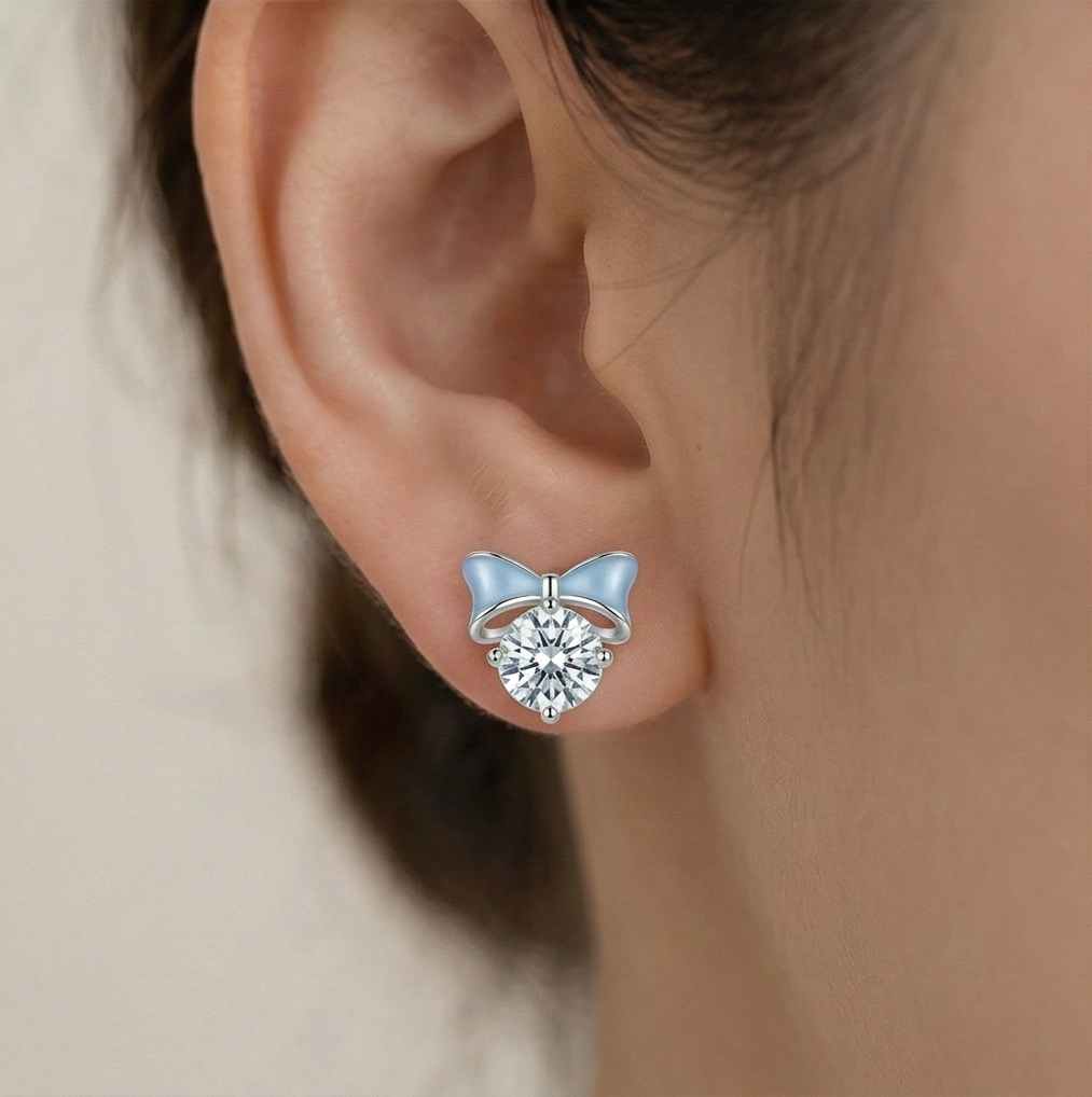 Luxe Collection - Blue Enamel Bow Solitaire Stud Earrings High Polish Rhodium Finish - Premium 925 Silver Fine J : AGER0203230