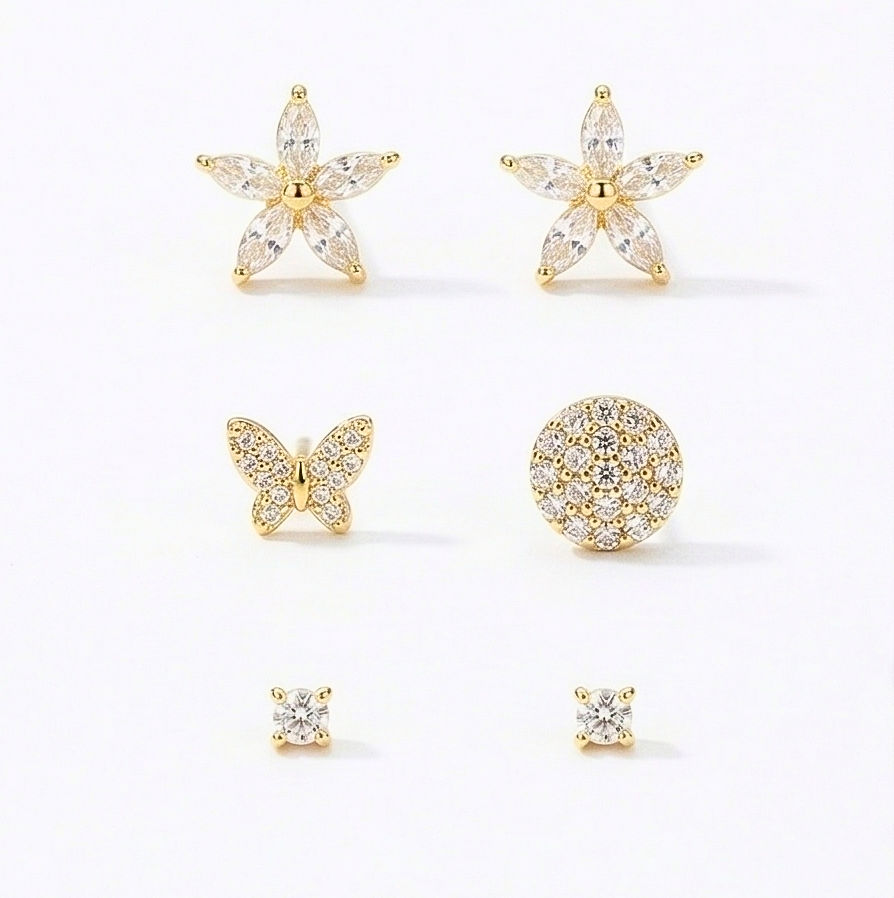 Luxe Collection - Floral And Butterfly Stud Earrings Set Of 3 Yellow Gold Finish - Premium 925 Silver Fine Jewel : AGER0203232