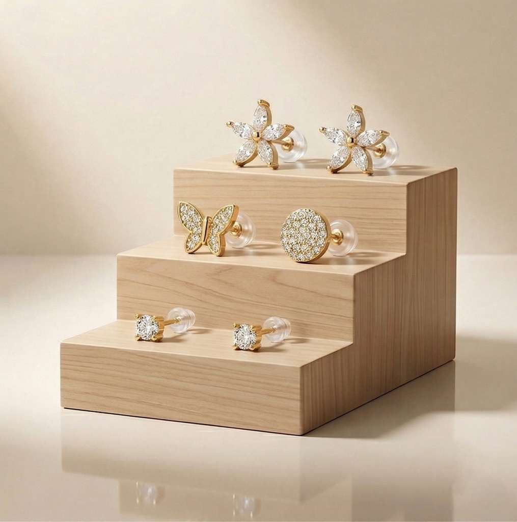 Luxe Collection - Floral And Butterfly Stud Earrings Set Of 3 Yellow Gold Finish - Premium 925 Silver Fine Jewel : AGER0203232