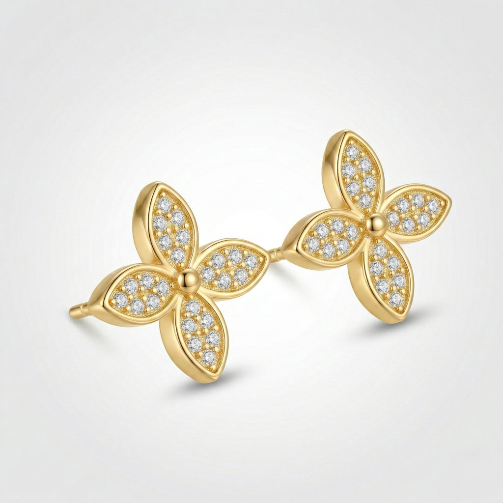 Luxe Collection - Four Petal Floral Stud Earrings Yellow Gold Finish - Premium 925 Silver Fine Jewellery : AGER0203233