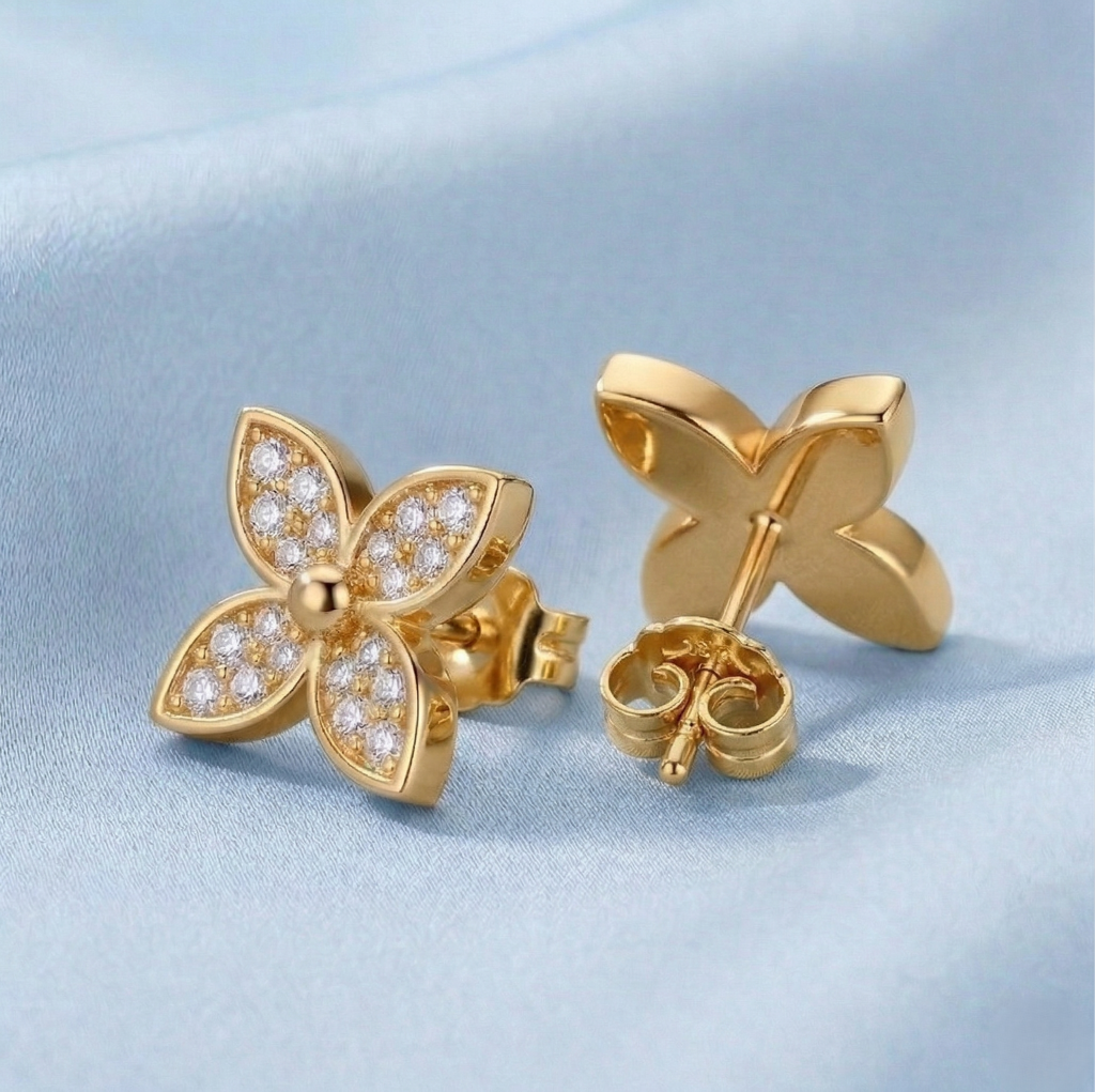 Luxe Collection - Four Petal Floral Stud Earrings Yellow Gold Finish - Premium 925 Silver Fine Jewellery : AGER0203233