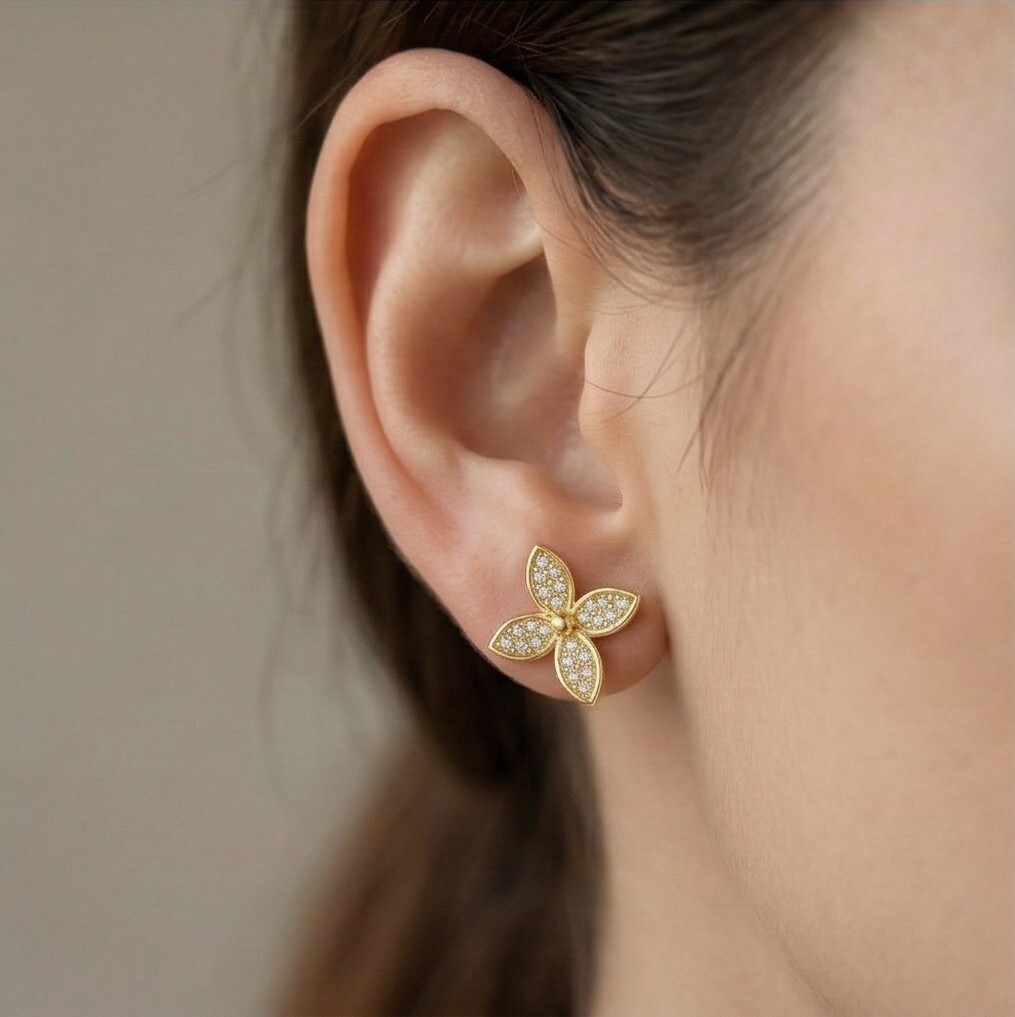 Luxe Collection - Four Petal Floral Stud Earrings Yellow Gold Finish - Premium 925 Silver Fine Jewellery : AGER0203233