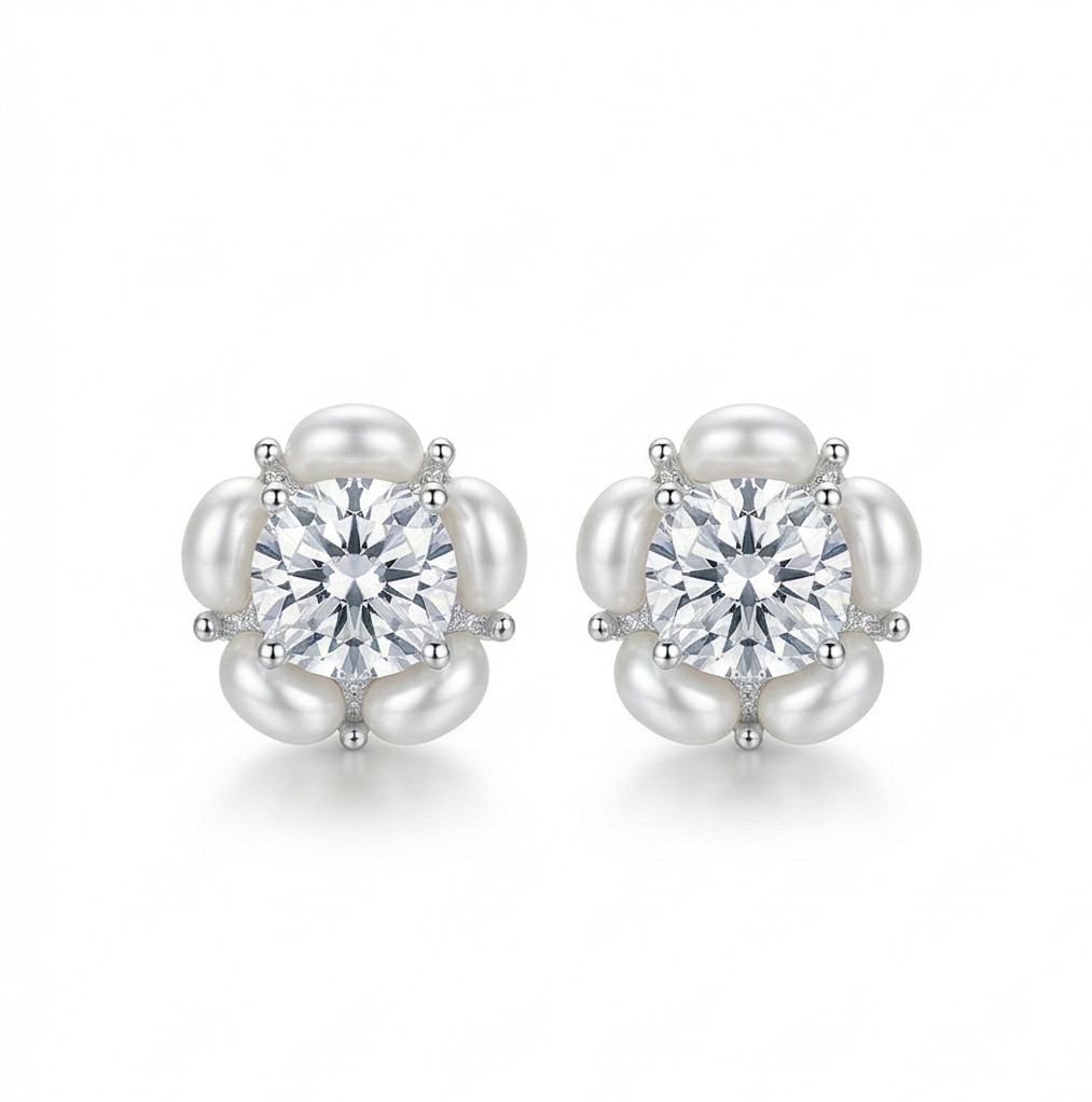 Luxe Collection - Pearl Halo Floral Stud Earrings High Polish Rhodium Finish - Premium 925 Silver Fine Jewellery : AGER0203235