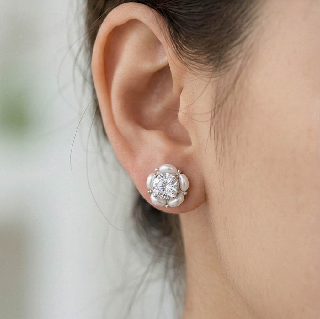Luxe Collection - Pearl Halo Floral Stud Earrings High Polish Rhodium Finish - Premium 925 Silver Fine Jewellery : AGER0203235