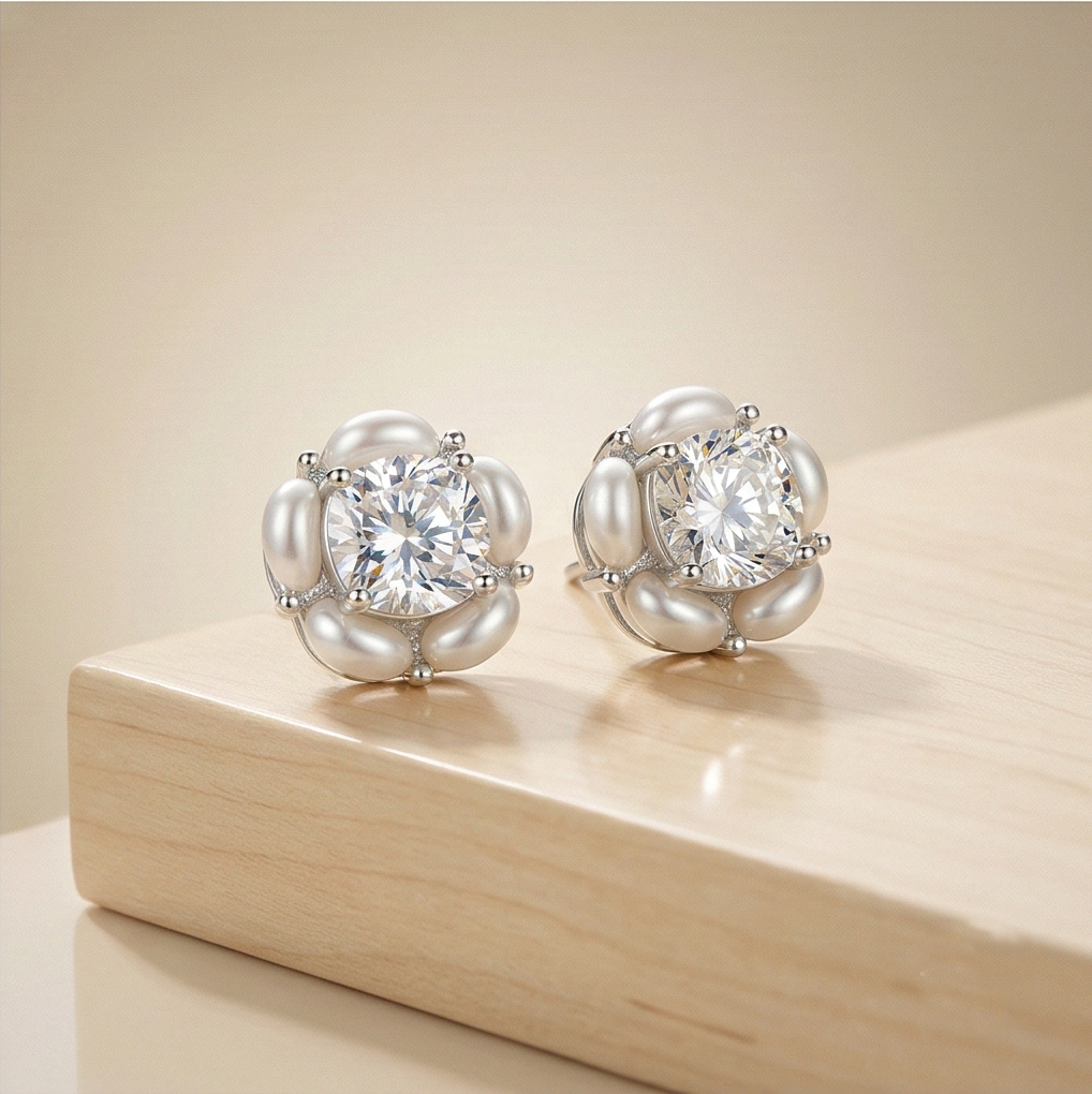 Luxe Collection - Pearl Halo Floral Stud Earrings High Polish Rhodium Finish - Premium 925 Silver Fine Jewellery : AGER0203235