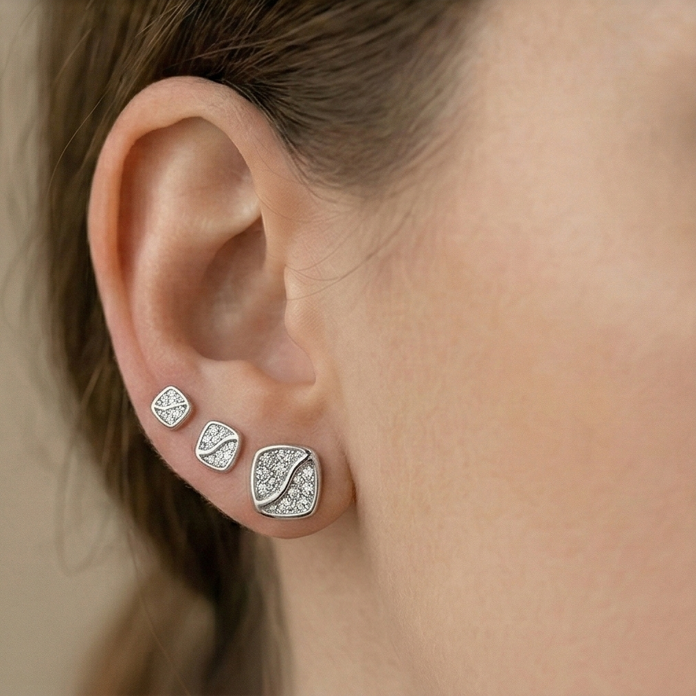 Luxe Collection - Square Wave Set Of 3 Stud Earrings High Polish Rhodium - Premium 925 Silver Fine Jewellery : AGER0203236