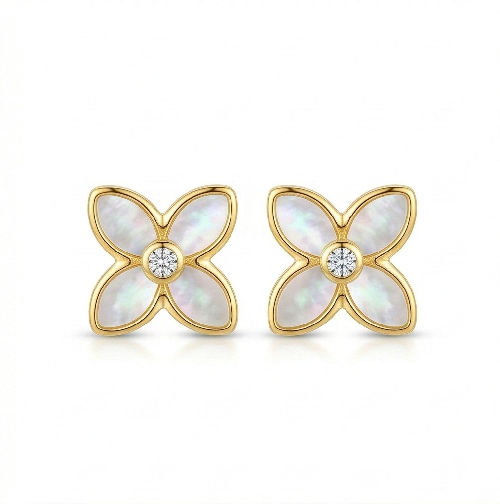 Luxe Collection - Mother Of Pearl Floral Stud Earrings High Polish Gold Finish Luxe Botanical Jewellery : AGER0203238