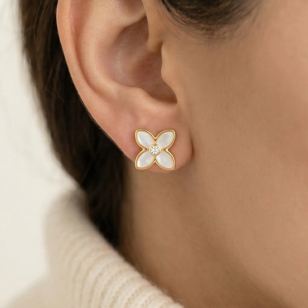Luxe Collection - Mother Of Pearl Floral Stud Earrings High Polish Gold Finish Luxe Botanical Jewellery : AGER0203238