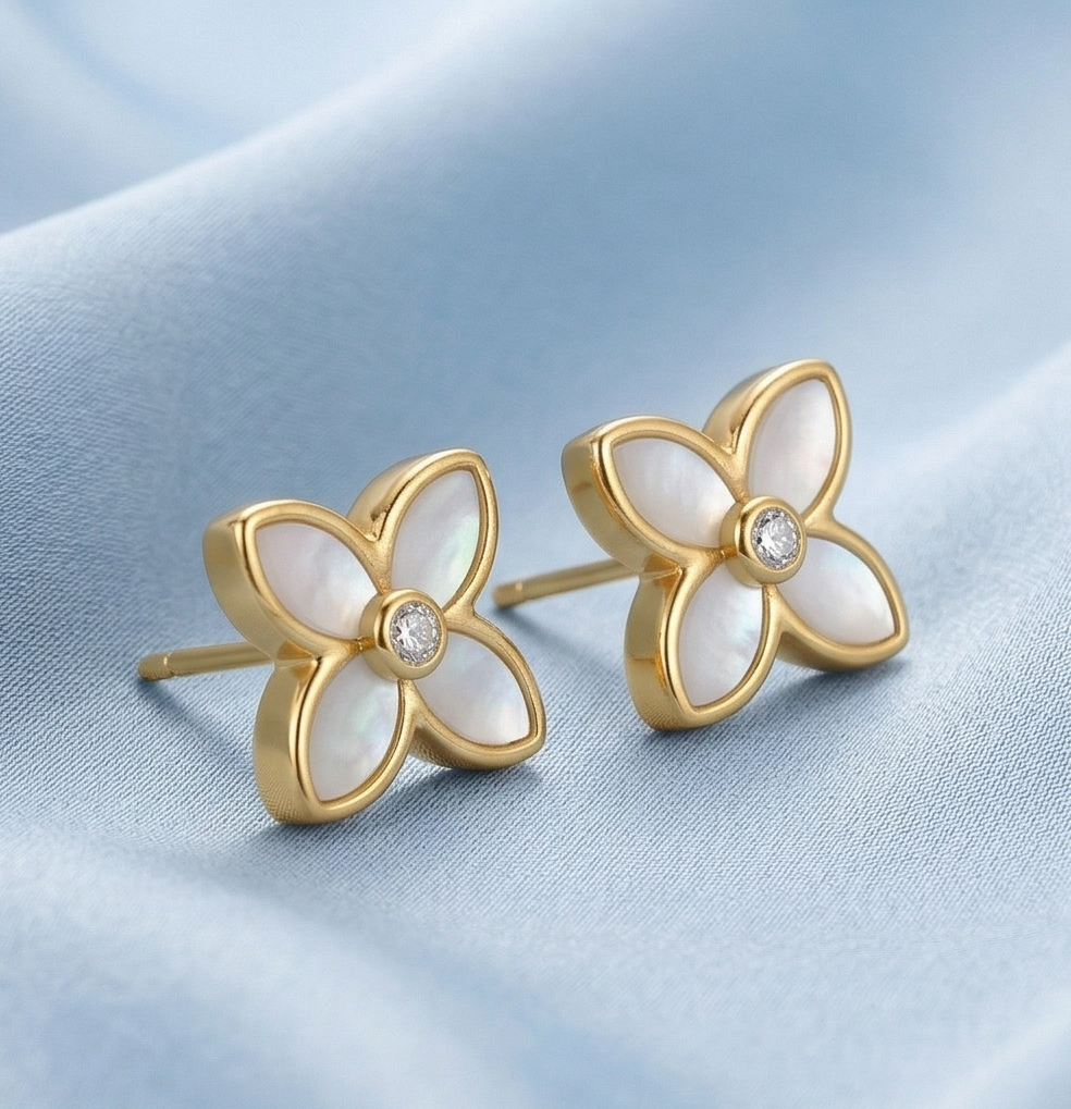 Luxe Collection - Mother Of Pearl Floral Stud Earrings High Polish Gold Finish Luxe Botanical Jewellery : AGER0203238