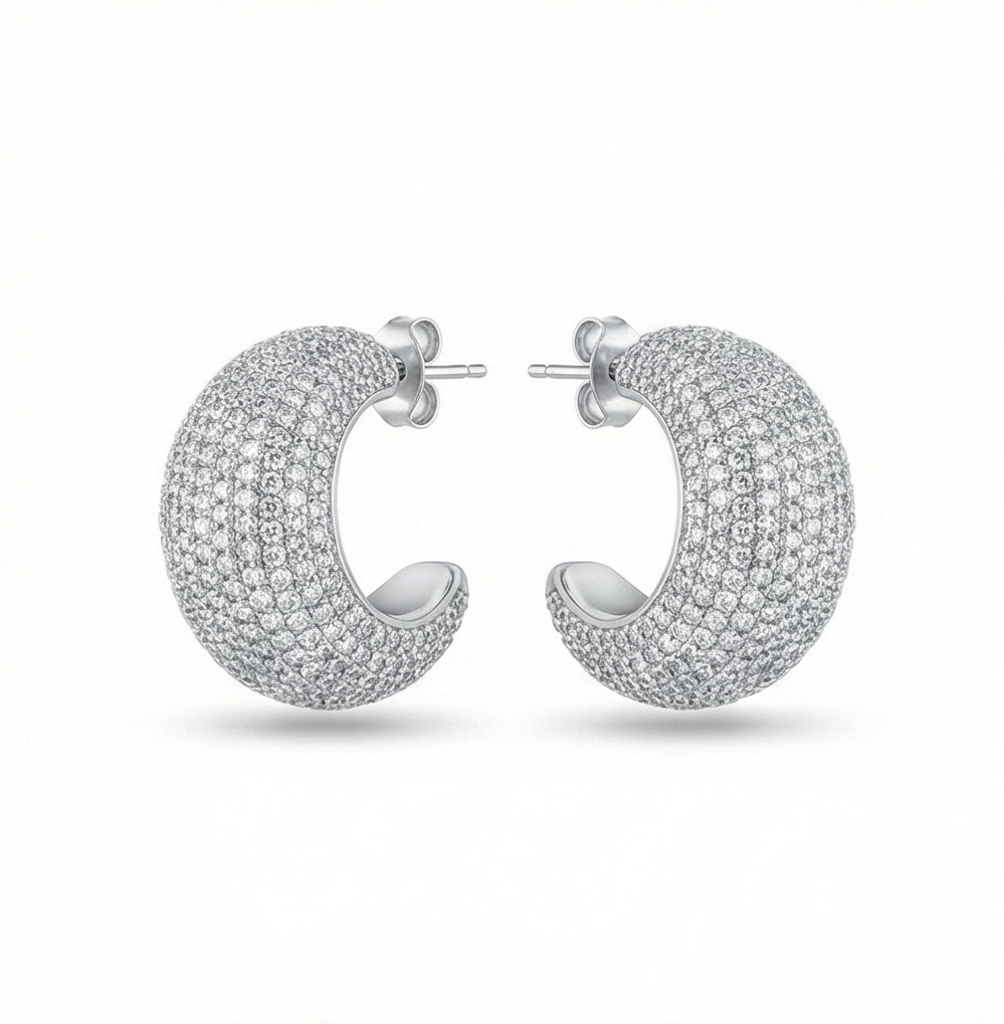 925 Sterling Silver Pave Set Chunky C-Hoop Earrings Statement Jewellery For Women High Polish Silver Finish : AGk02004
