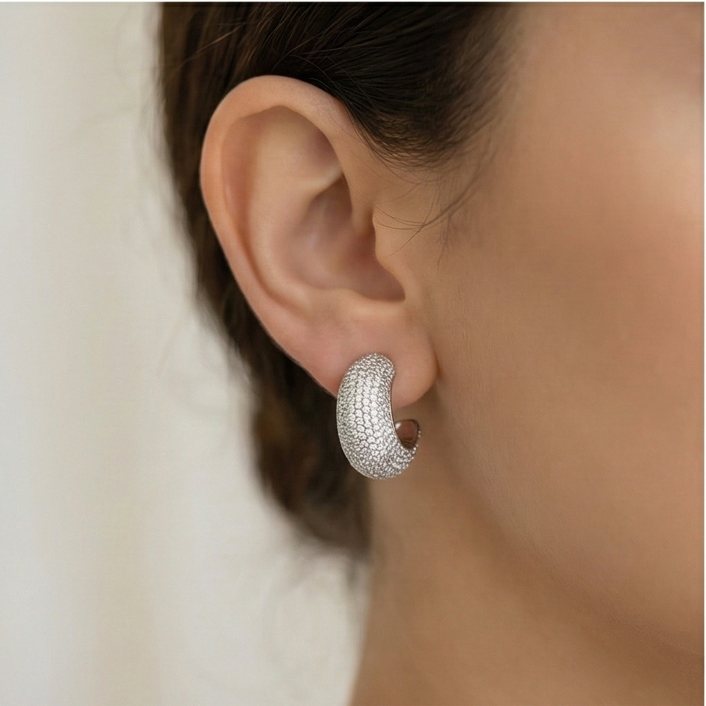925 Sterling Silver Pave Set Chunky C-Hoop Earrings Statement Jewellery For Women High Polish Silver Finish : AGk02004
