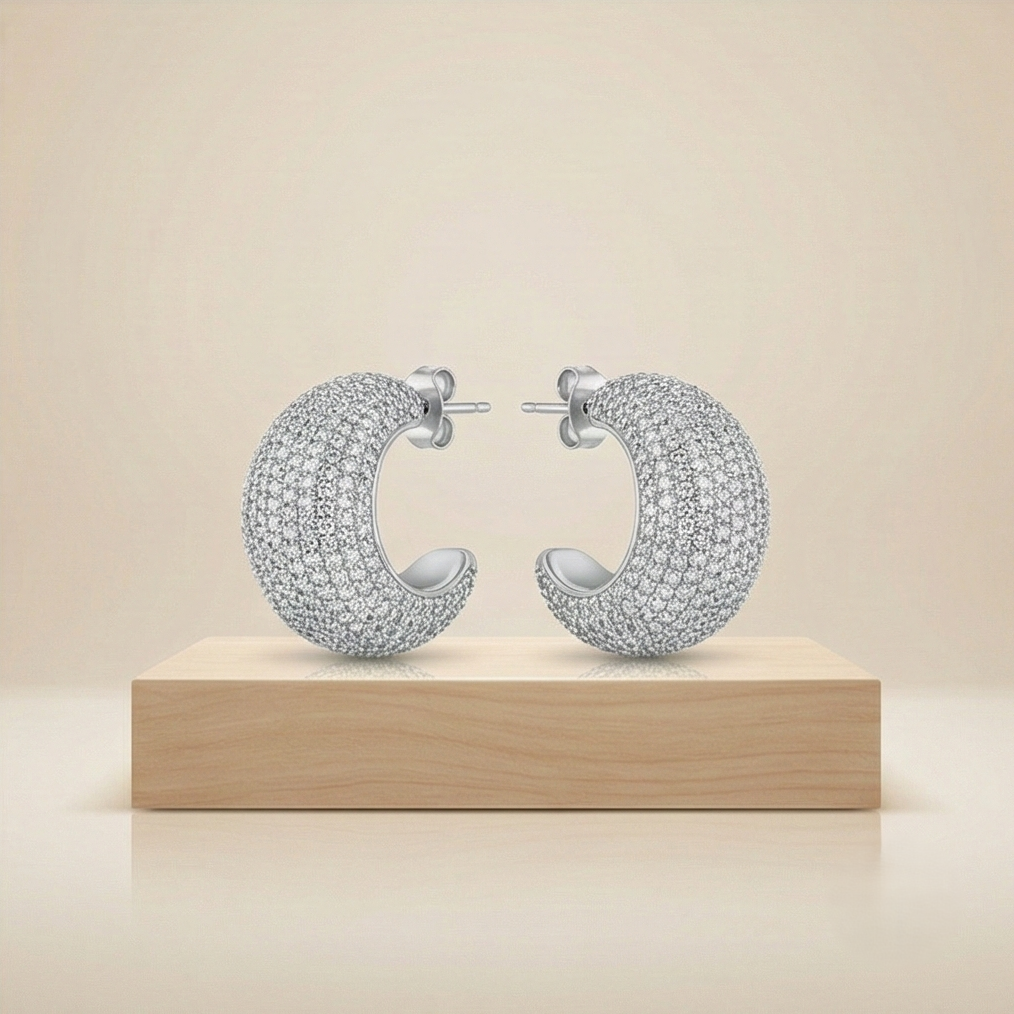 925 Sterling Silver Pave Set Chunky C-Hoop Earrings Statement Jewellery For Women High Polish Silver Finish : AGk02004