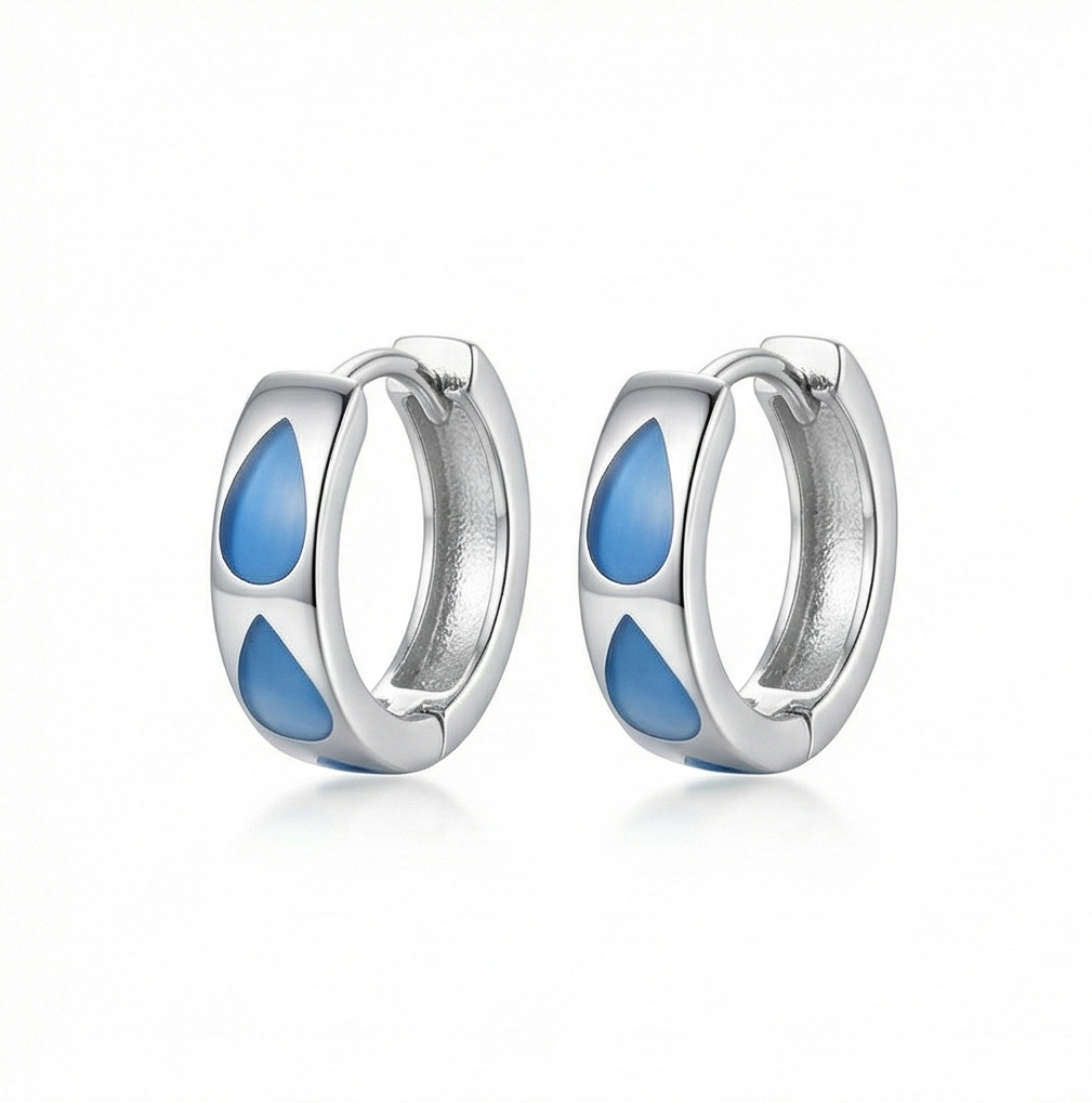 925 Sterling Silver Blue Teardrop Mop Inlay Huggie Hoop Earrings Modern Jewellery For Women : AGk02006