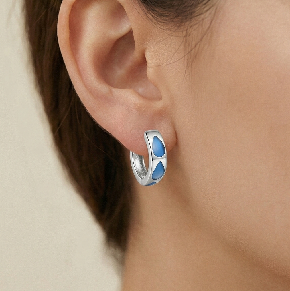 925 Sterling Silver Blue Teardrop Mop Inlay Huggie Hoop Earrings Modern Jewellery For Women : AGk02006